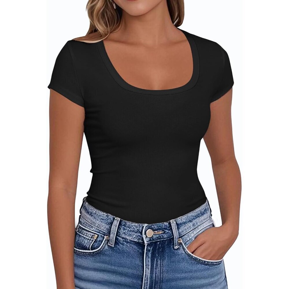 Women's Short Sleeve Scoop Neck Fitted Casual T Shirt Stretchy Top Small